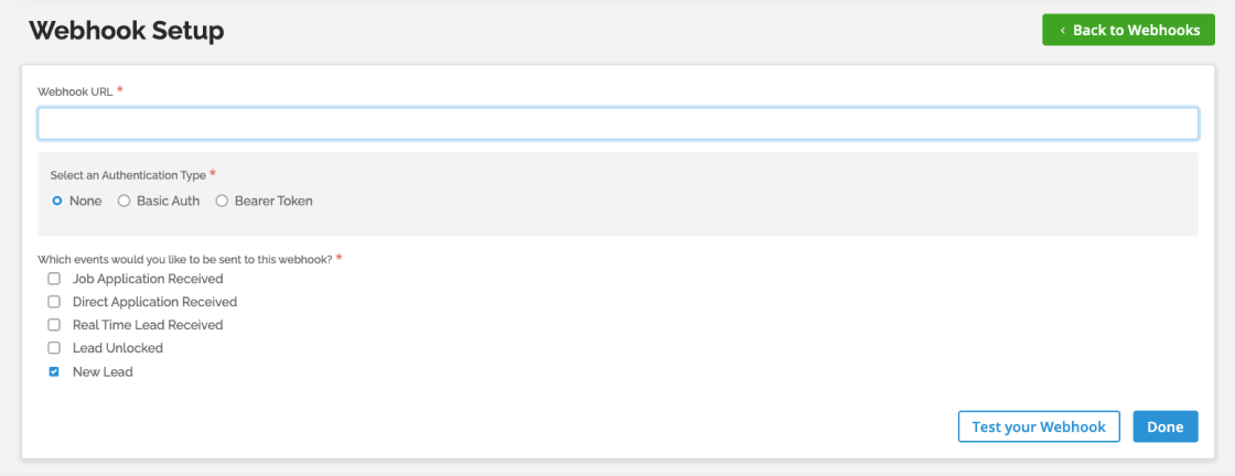 Webhook setup screenshot